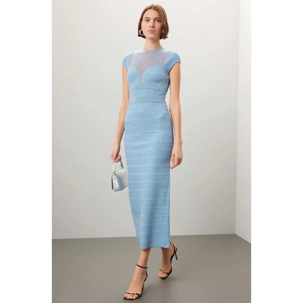 Hervé Léger Blue Bandage Sheer Bustier Gown Size M
